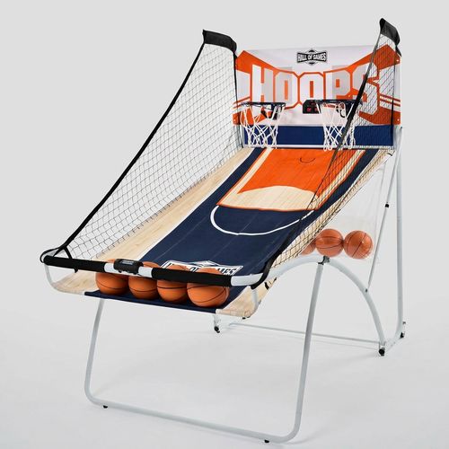 EZ-Fold 80.5-in Classic Dual-Shot Arcade Basketball in a carpeted basement