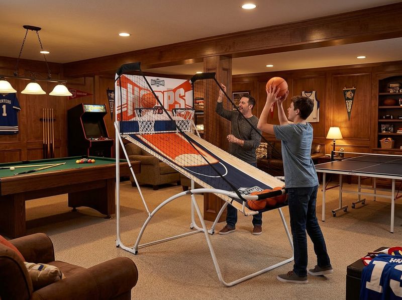 Two children mid-shot at the 80.5-inch EZ-Fold basketball in a carpeted den