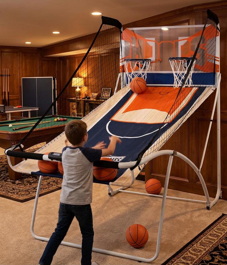 80.5-in EZ-Fold Classic Dual-Shot Basketball in a finished basement