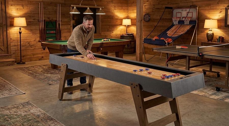 Hand waxing the 9-ft Kinwood shuffleboard lane with 8-puck set at the foot