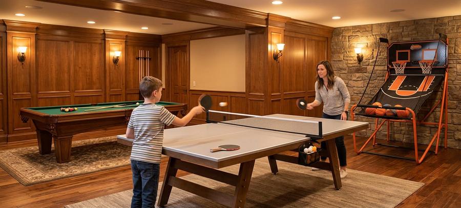Adult forehand topspin on the 9x5-ft tournament ping-pong table in a basement