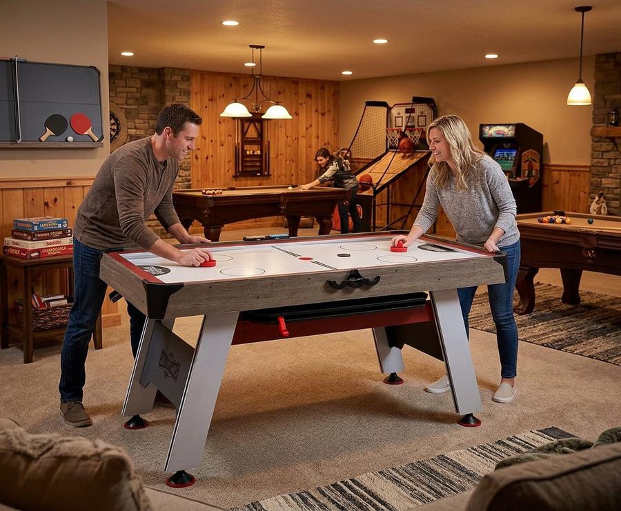 Family playing air hockey with ping pong top being placed on the combo table